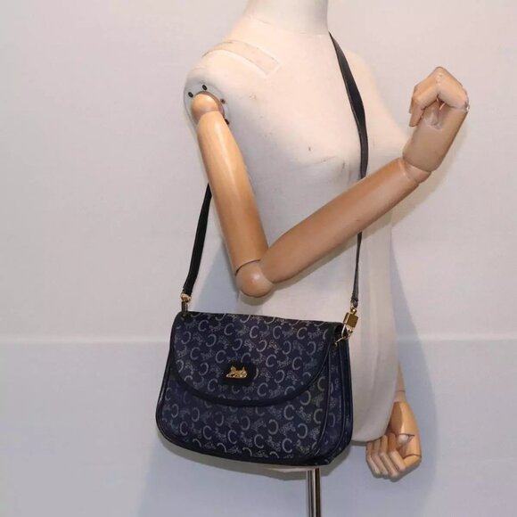 CELINE C Sulky Shoulder Bag Canvas Leather Navy Authentic - Picture 1 of 16